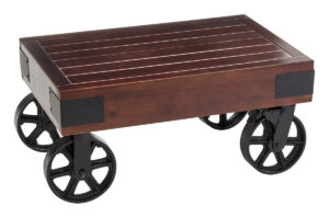 Wooden Retail Table with Wagon Wheels, 2 Locking – Mahogany