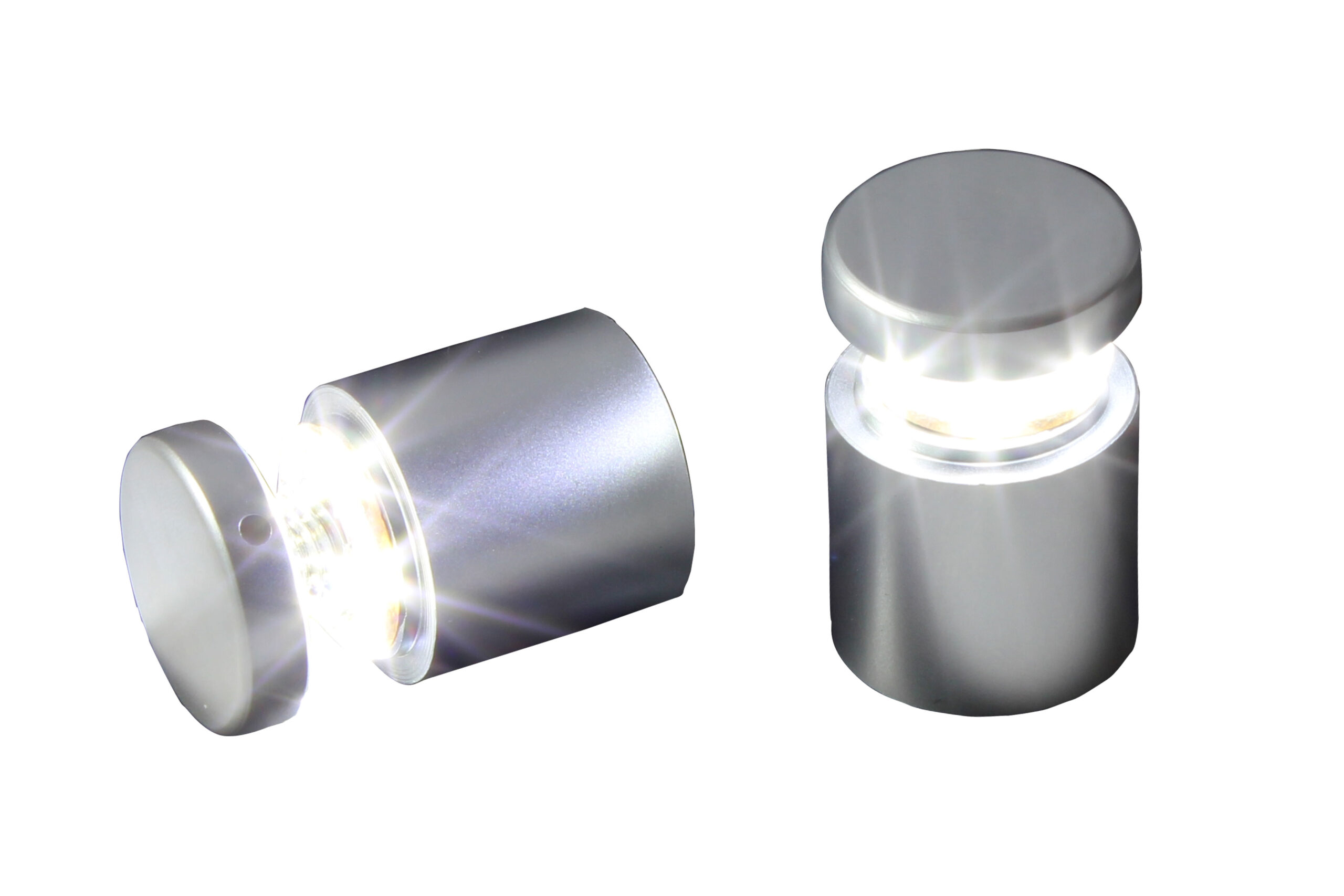 1 x 1 Through Grip Standoffs, LED Illuminated, Round, Aluminum, Set of 2 - Silver
