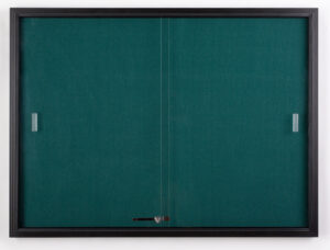 48 x 36 Enclosed Bulletin Board w/ Sliding Doors, Locking - Black w/ Teal Fabric