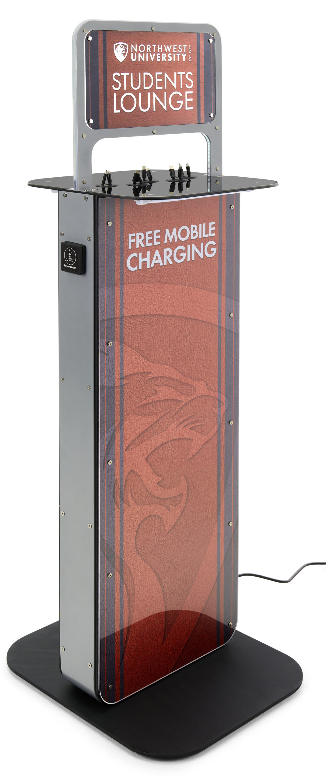 Charging Kiosk for Floor w/ Custom Graphics, 10 Cables, 2 Universal Outlets - Silver