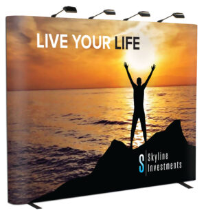 10' Pop Up Trade Show Backdrop, Custom Graphics, Spotlights, Portable