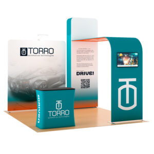 10x10 Trade Show Booth w/ Custom Printing, Arch Monitor Stand, Counter - Full Color