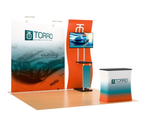 10x10 Trade Show Booth w/ Custom Printing, Monitor Mount, Counter - Full Color