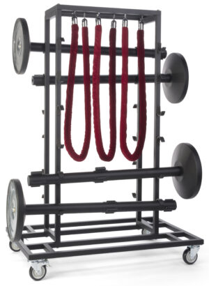 12 Post Stanchion Cart for QueuePole Series, Rope Rails, Locking Wheels – Black