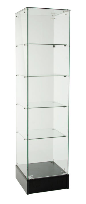 18” Glass Display Case with 4 Fixed Height Shelves, Frameless, Hinged Door – Black