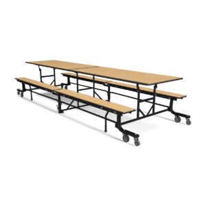 19F Mobile Cafeteria Bench Table, 12' Long, 27" High, Fusion Maple, Black Frame