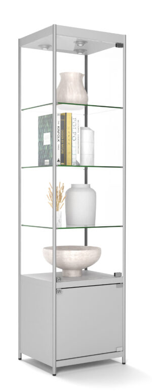 20” Glass Display Case w/ LED Lights u0026 Cabinet, Fixed Shelves, Hinged Door - Silver