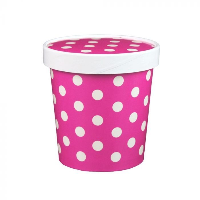 16 oz Polka Dot Pink Paper Ice Cream Container with Paper Lid Combo - 1 case (250 set)
