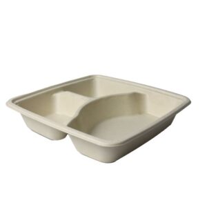 32oz 9"x9"x2" 3 compt Compostable Bagasse Square Food Tray, Natural/Tan - 400/Case