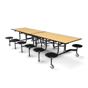 59TV Mobile Cafeteria Table, 12' Long, 29" High, 12 Black Stools, Fusion Maple Top, Black Frame