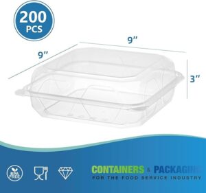 9" x 9" x 3" Clear PET Plastic Hinged-Lid Take Out Container - 1 case (200 piece)