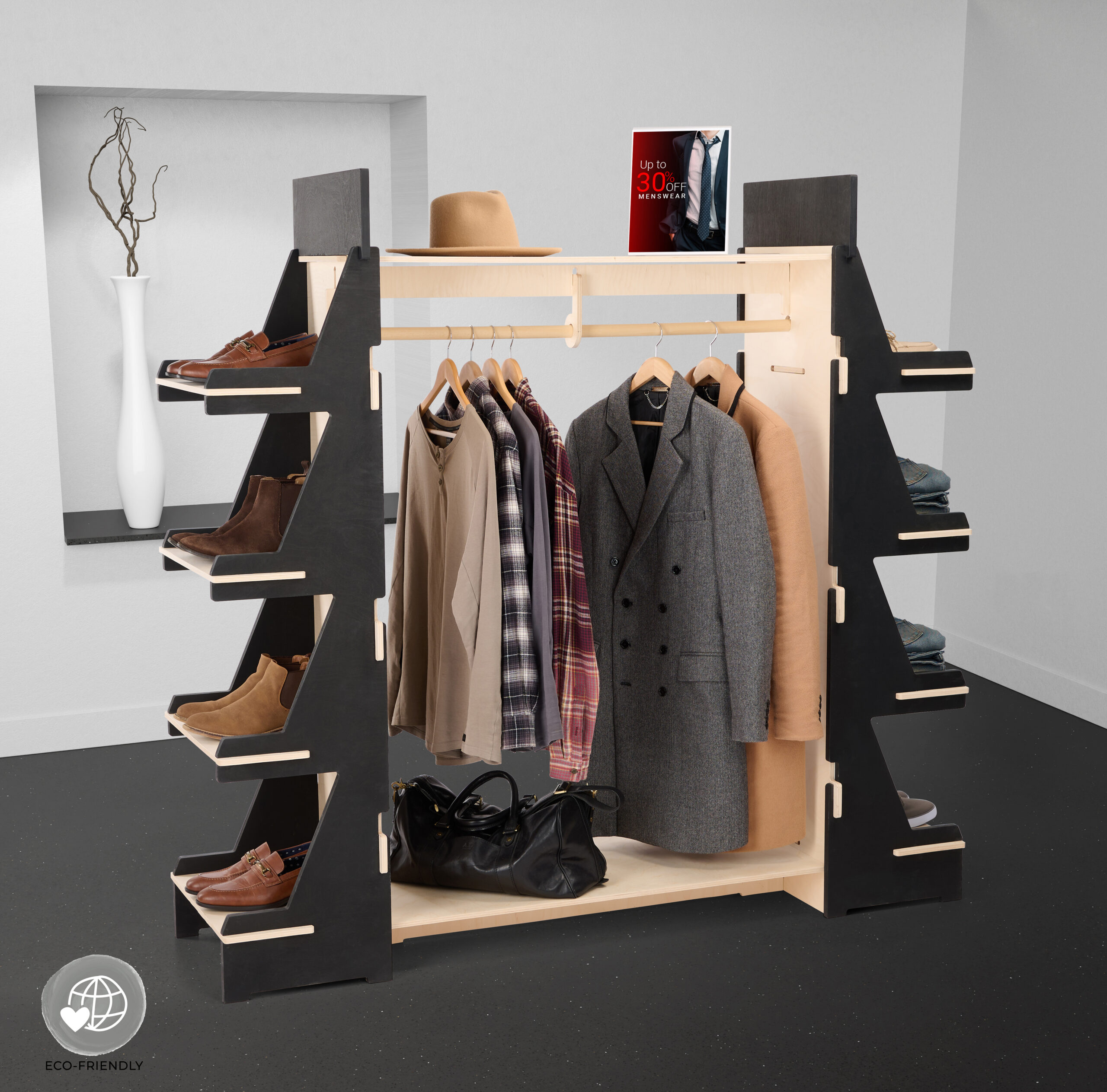 68 x 65 Clothing Rack with Shelves, Floor Standing, Eco-Friendly - Black/Natural