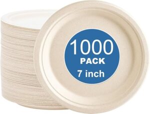 1000-Count 7 Inch Compostable Paper Plates, Heavy Duty Bagasse Disposable Plates, White Sugarcane Plates, PFAS-Free, Ideal for Desserts, Cake, Snacks & Light Meals)