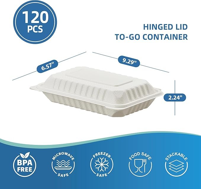 120 Pack Hinged To Go Food Containers, 9.3"x6.6"x2.2" Clamshell Take Out Food Containers with Lids, Disposable Plastic