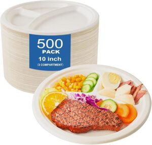 500-Count 10 Inch Compostable Paper Plates, Heavy-Duty Bagasse 3-Compartment Design Disposable Plates, White Sugarcane Plates, PFAS-Free, Ideal for Main Dishes, Sides, Sauces & Medium Gatherings