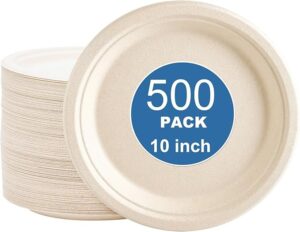 500-Count 10 Inch Compostable Paper Plates, Heavy-Duty Bagasse Disposable Plates, White Sugarcane Plates, PFAS-Free, Ideal for Main Dishes, BBQs, Dinners & Medium-Sized Gatherings
