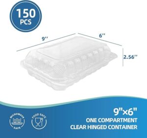 Clear Hinged Clamshell Takeout Containers | 150-Pack, 9"×6" One Compartment | Disposable Plastic Meal Prep Lunch Boxes, Ideal for Fridge Organizer