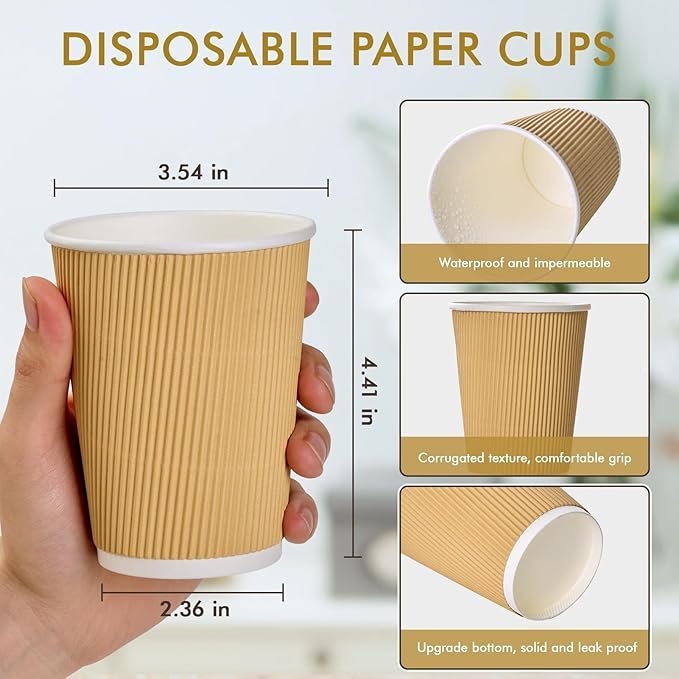 12 oz Kraft Ripple Insulated Triple Wall Paper Hot Cup, Style 2 - 1 case (500 piece)