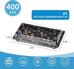 400 Set 8.5"×5.4"×2" Disposable Black Square Japanese-Style Sushi Boxes with Transparent Lids - Commercial Sushi Packaging Trays for Camping & Restaurants