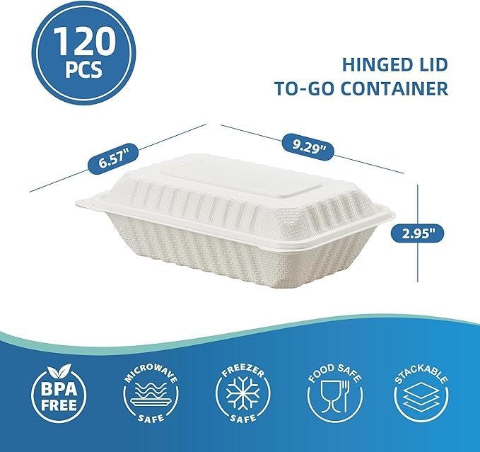 120 Pack Hinged To Go Food Containers, 9.3"x6.6"x3" Clamshell Take Out Food Containers with Lids,