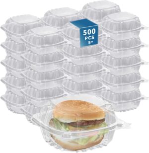 500-Pack 5.27×5.27×2.55 Inch Clear Square Hinged Plastic Containers - Disposable Clamshell Takeout Food Containers