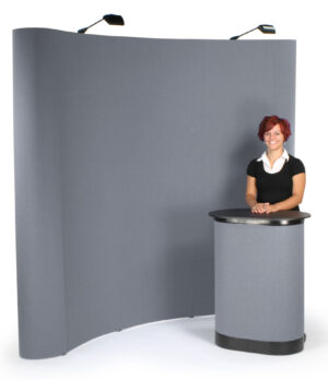 8' Curved Pop Up Display w/ Hook-and-Loop Fabric, Counter u0026 2 Spotlights - Gray