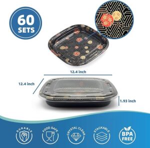 Square Sushi Container With Lid (Sakura) 12.40"×12.40"×1.93", 60 Pack for Sushi Bars & Catering