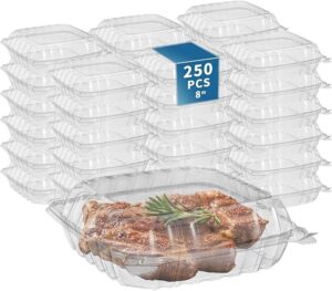 250-Pack 8.26×8.26×3 Inch Clear Square Hinged Plastic Containers - Disposable Clamshell Takeout Food Storage Containers