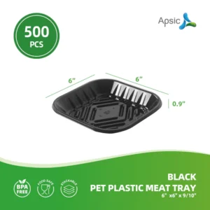 Black PET Plastic Meat Tray 6" x6" x 9/10", 500PCS, Great for Retail & Takeout Packaging