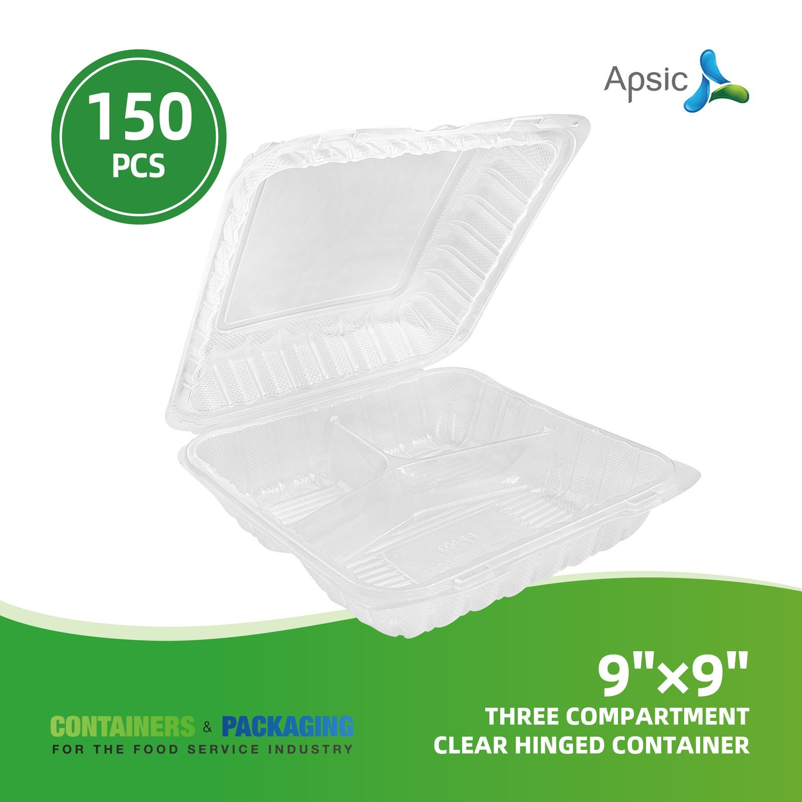 Clear Hinged Clamshell Takeout Containers | 150-Pack, 9"L x 9"W x 3"H Three Compartment | BPA-Free, Disposable Plastic Meal Prep Lunch Boxes