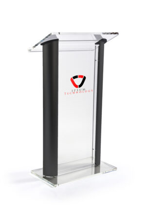Acrylic and Aluminum Podium, Clear Panel, 2 Color Imprint – Black