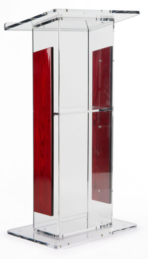 Acrylic Podium for Floor, Open Back with Shelf, Clear w/ Wood Trim