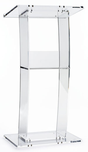 Acrylic Podium for Floor, Open Back with Shelf, Curved - Clear
