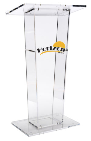 Acrylic Podium with 2-Color Custom Graphics, Open Back u0026 Interior Shelf - Clear