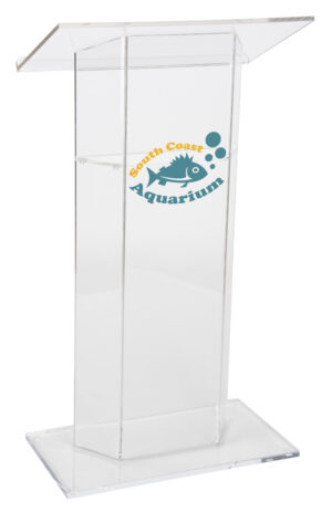Acrylic Podium with Optional Shelf, 2-Color Custom Graphic - Clear