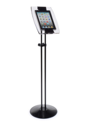 Adjustable iPad Floor Stand w/ Acrylic Enclosure, Tilting Bracket WITHOUT Lock