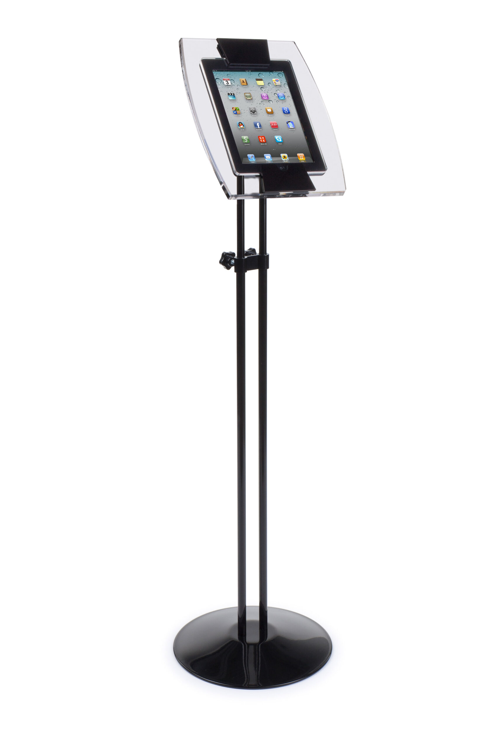 Adjustable iPad Floor Stand w/ Acrylic Enclosure, Tilting Bracket WITHOUT Lock