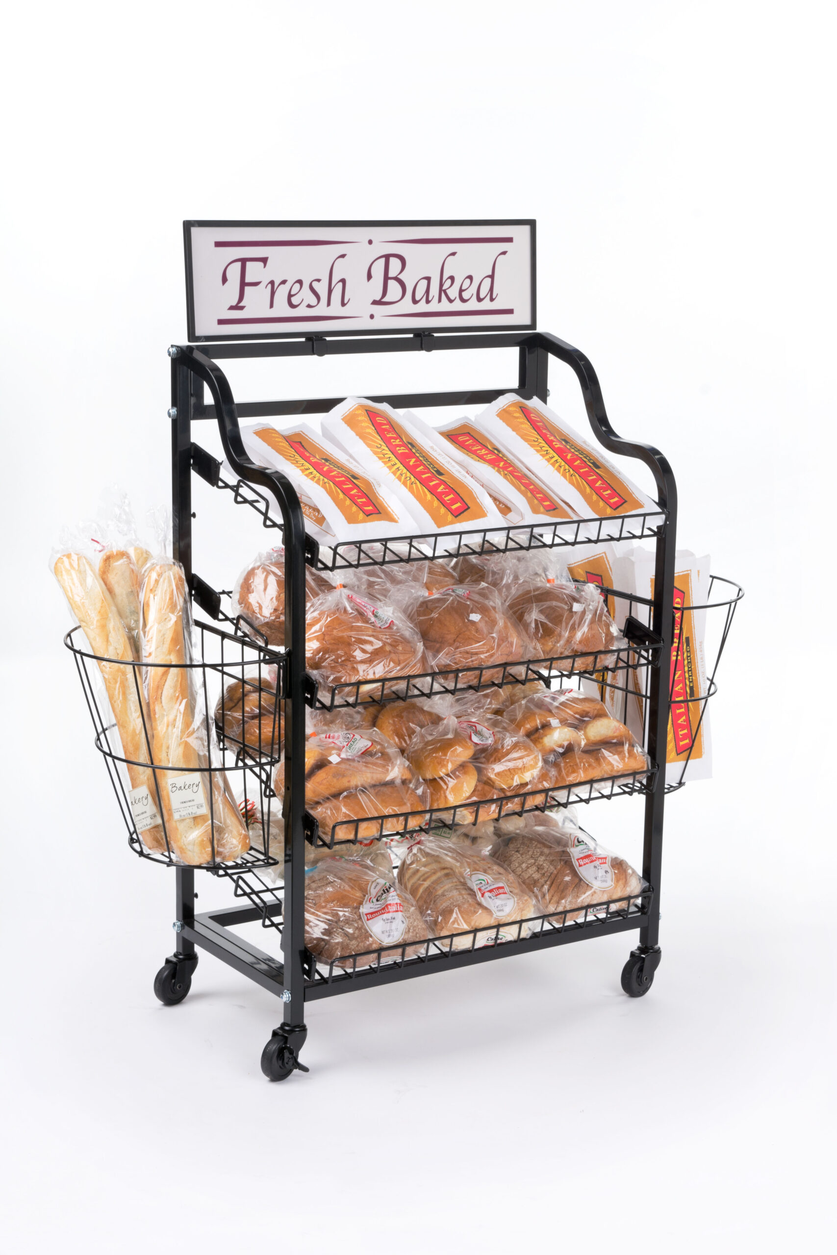 Bakery Display Rack w/ Wheels, 4 Shelves, 2 Side Baskets u0026 Header - Black