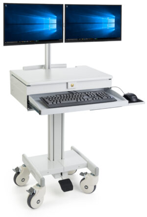 Computer Cart for (2) 15” -23” Screens, Height Adjustable, Locking Drawer – Gray