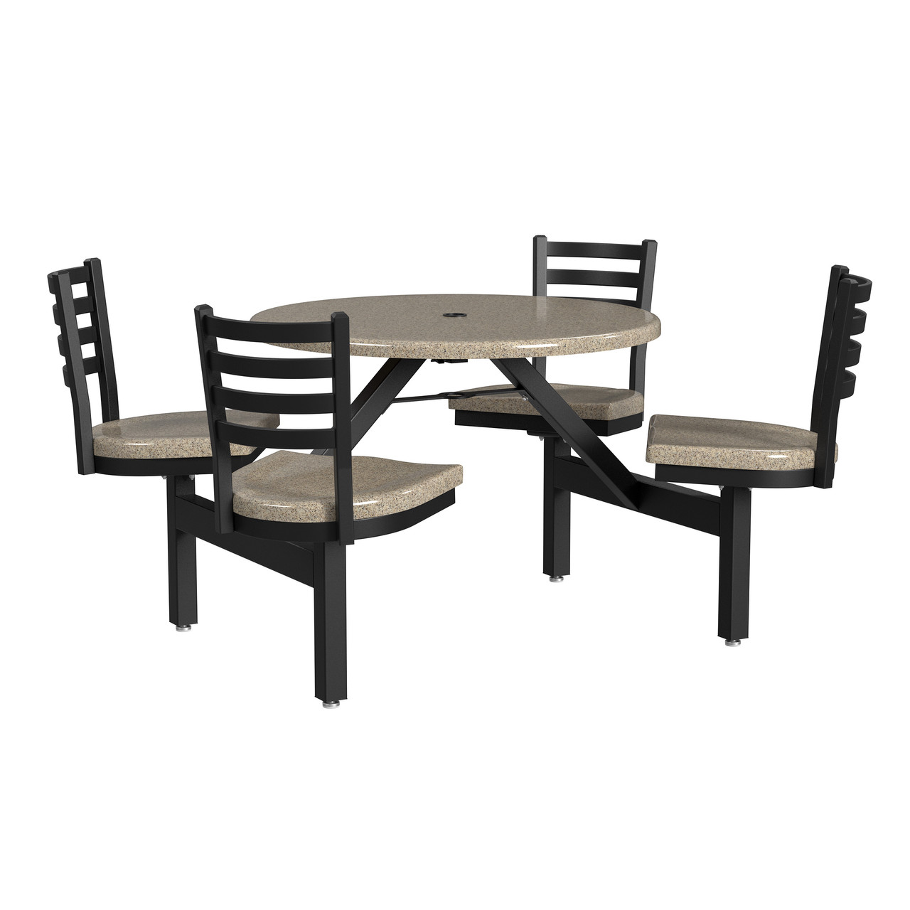 Covey , Outdoor Multi-Purpose, Cluster Table with 4 Seats, 36" Round, 29" High, Cappuccino Fiberglass Top, Black Frame, Cappuccino Fiberglass Seats
