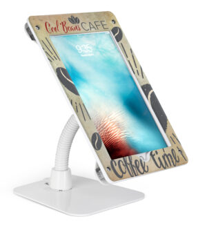 Custom iPad 12.9” Counter Stand, Acrylic Enclosure, Gooseneck Arm - White