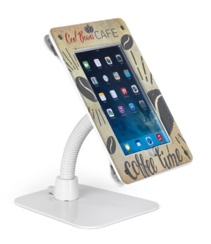 Custom iPad Counter Stand, Acrylic Enclosure, Gooseneck Arm - White