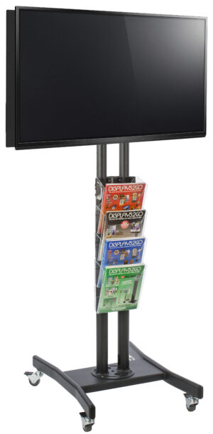 Double-Sided TV Stand w/ 4-Pocket Literature Holder, (2) 32”-65” Screens – Black