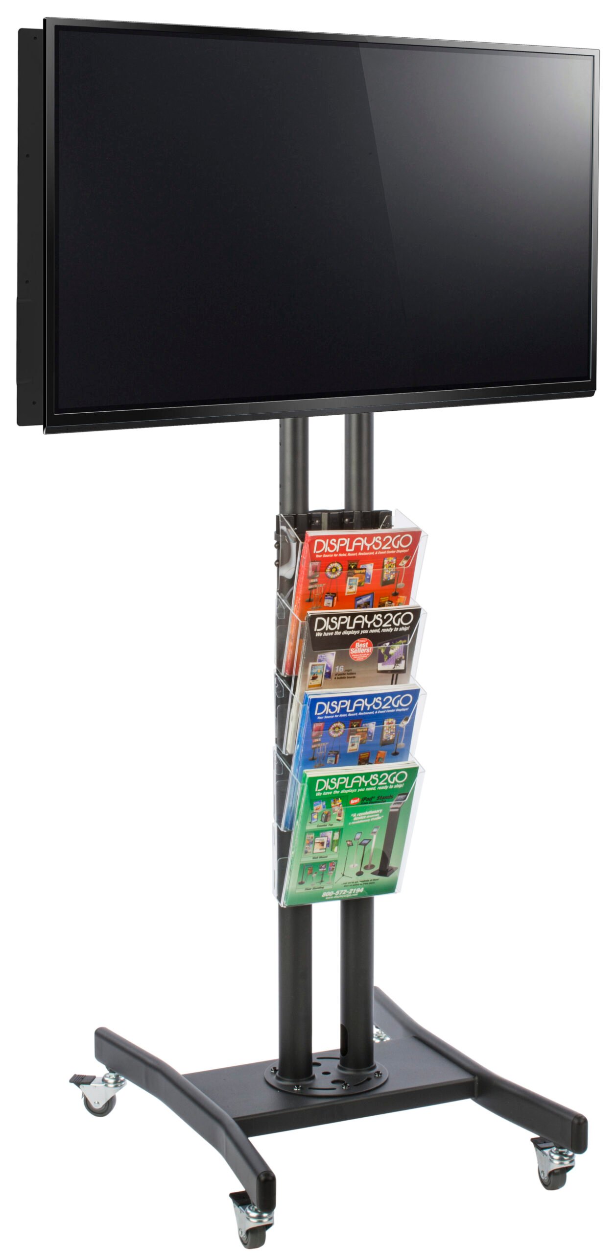 Double-Sided TV Stand w/ 4-Pocket Literature Holder, (2) 32”-65” Screens – Black