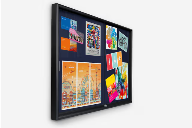 72 x 48 Enclosed Bulletin Board w/ Sliding Doors, Locking - Black with Blue Fabric - Image 3