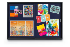 72 x 48 Enclosed Bulletin Board w/ Sliding Doors, Locking - Black with Blue Fabric