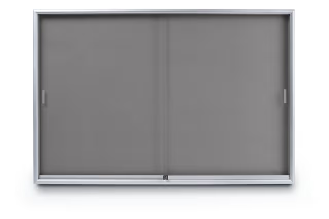 72 x 48 Enclosed Bulletin Board w/ Sliding Doors, Locking - Silver with Gray Fabric - Image 2