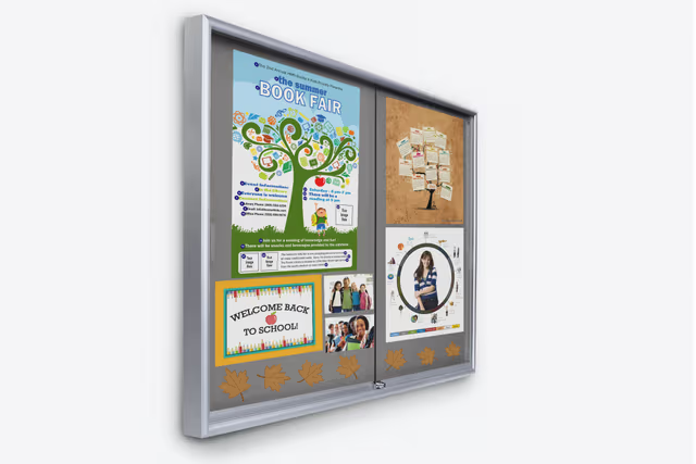 72 x 48 Enclosed Bulletin Board w/ Sliding Doors, Locking - Silver with Gray Fabric - Image 3