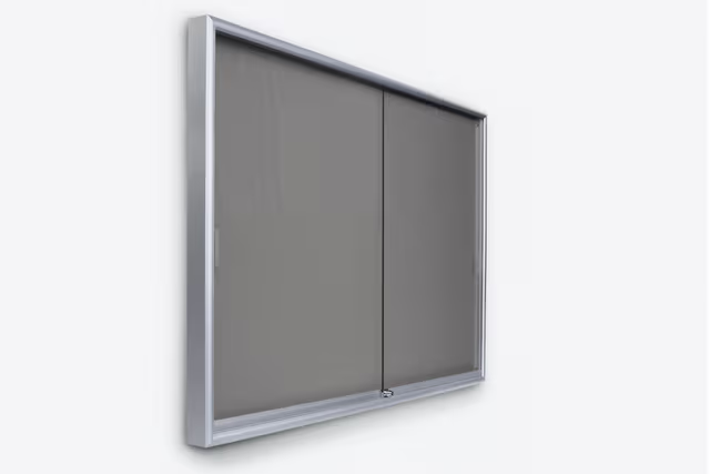 72 x 48 Enclosed Bulletin Board w/ Sliding Doors, Locking - Silver with Gray Fabric - Image 4