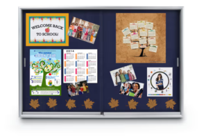 72 x 48 Enclosed Bulletin Board w/ Sliding Doors, Locking - Silver with Blue Fabric